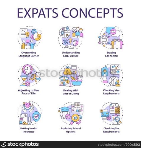 Expats concept icons set. Emigration idea thin line color illustrations. Relocate for job and living. Change residence country. New language, culture. Vector isolated outline drawings. Editable stroke. Expats concept icons set