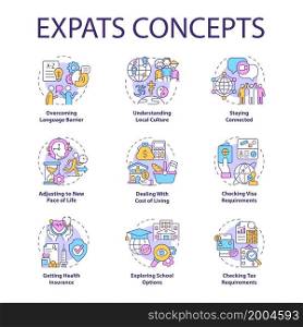 Expats concept icons set. Emigration idea thin line color illustrations. Relocate for job and living. Change residence country. New language, culture. Vector isolated outline drawings. Editable stroke. Expats concept icons set
