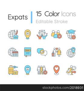 Expats RGB color icons set. Moving and relocate abroad. Migration to foreign country. Work travel. Isolated vector illustrations. Simple filled line drawings collection. Editable stroke. Expats RGB color icons set