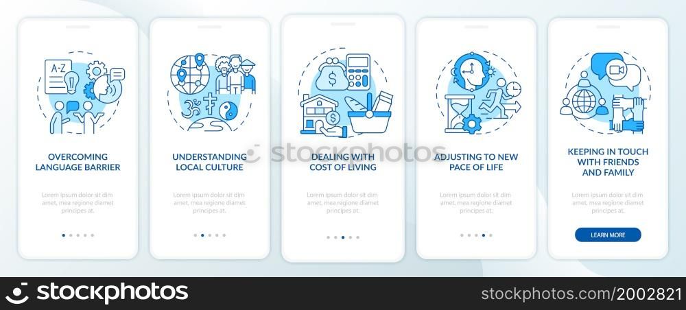Expats struggles blue onboarding mobile app page screen. Overcoming difficulties walkthrough 5 steps graphic instructions with concepts. UI, UX, GUI vector template with linear color illustrations. Expats struggles blue onboarding mobile app page screen