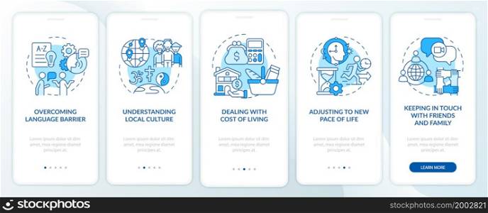 Expats struggles blue onboarding mobile app page screen. Overcoming difficulties walkthrough 5 steps graphic instructions with concepts. UI, UX, GUI vector template with linear color illustrations. Expats struggles blue onboarding mobile app page screen