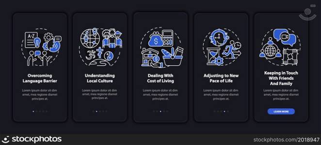 Expats struggles dark onboarding mobile app page screen. Overcoming issues walkthrough 5 steps graphic instructions with concepts. UI, UX, GUI vector template with linear night mode illustrations. Expats struggles dark onboarding mobile app page screen