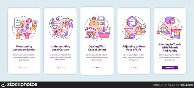 Expats struggles onboarding mobile app page screen. Overcoming difficulties walkthrough 5 steps graphic instructions with concepts. UI, UX, GUI vector template with linear color illustrations. Expats struggles onboarding mobile app page screen