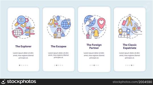 Expats types onboarding mobile app page screen. Moving abroad reasons walkthrough 4 steps graphic instructions with concepts. UI, UX, GUI vector template with linear color illustrations. Expats types onboarding mobile app page screen