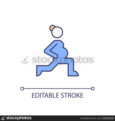 Expectant woman stretching hip flexors RGB color icon. Pain relieving. Workout exercise. Poor posture improvement. Isolated vector illustration. Simple filled line drawing. Editable stroke. Expectant woman stretching hip flexors RGB color icon