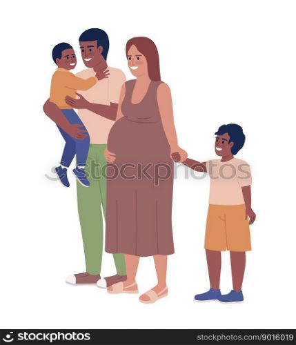Expectant woman with husband and two kids semi flat color vector characters. Editable figures. Full body people on white. Simple cartoon style spot illustration for web graphic design and animation. Expectant woman with husband and two kids semi flat color vector characters