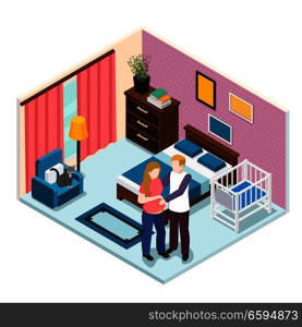 Expectation baby isometric composition, young man hugging pregnant woman in bedroom with child cot vector illustration. Expectation Baby Isometric Composition