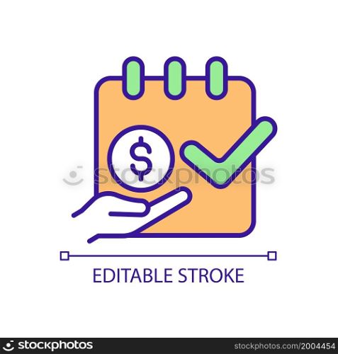 Expected payment date RGB color icon. Paying off debt. Living expenses. Payment reminder. Monthly installments. Student loans. Isolated vector illustration. Simple filled line drawing. Editable stroke. Expected payment date RGB color icon