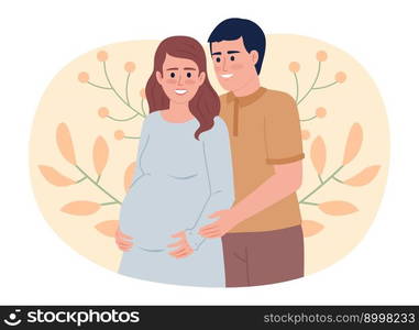 Expecting couple flat concept vector spot illustration. Editable 2D cartoon characters on white for web design. Happy husband hugging pregnant wife belly creative idea for website, mobile, magazine. Expecting couple flat concept vector spot illustration