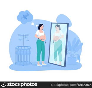 Expecting mom 2D vector isolated illustration. Pregnant woman looking in mirrior. Lady measuring baby belly. Young future parent flat character on cartoon background. Pregnancy colourful scene. Expecting mom 2D vector isolated illustration