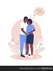 Expecting parents 2D vector isolated illustration. Happy pregnant woman with husband. Anticipating child. Young family flat characters on cartoon background. Parenthood colourful scene. Parents expecting baby 2D vector isolated illustration