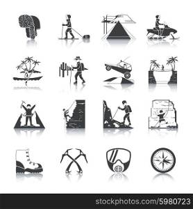 Expedition and outdoor adventures icons black set isolated vector illustration. Expedition Icons Black Set