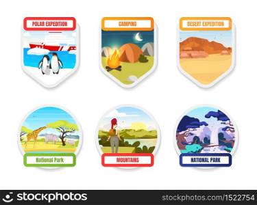 Expedition flat color vector badge set. National park. Antarctica, south pole. Camping and hiking. Trekking on mountain hills. Exloration graphic sticker pack. Tourism isolated cartoon design element