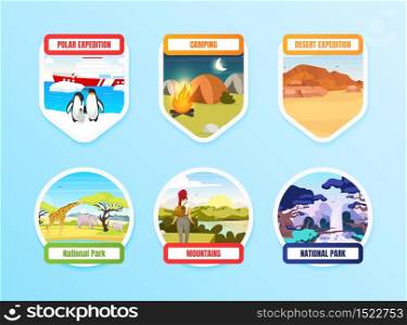 Expedition flat color vector badge set on blue background. National park. North pole. Camping and hiking. Trekking on hills. Exloration graphic sticker pack. Tourism isolated cartoon design element