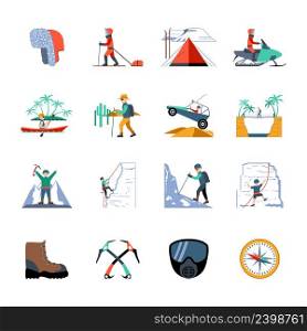 Expedition hiking and mountain climbing icons set isolated vector illustration. Expedition Icons Set