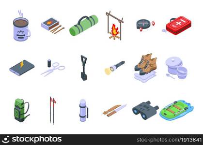 Expedition icons set isometric vector. Hiker adventure. Alpine outdoor. Expedition icons set isometric vector. Hiker adventure
