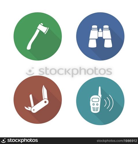 Expedition tools flat design icons set. Camping equipment long shadow symbols. Outdoor survival items. Multifunction pocket knife and walkie-talkie silhouette emblems. Vector infographics elements. Expedition tools flat design icons set