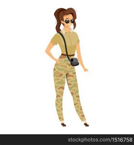 Expeditioner flat color vector illustration. Female tourist in camouflage clothes with sunglasses. Adventurer in military style uniform. Woman explorer isolated cartoon character on white background