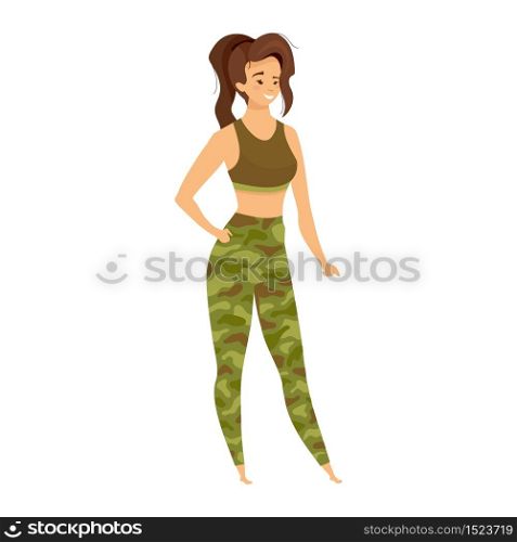 Expeditioner flat color vector illustration. Female tourist in olive camouflage underwear. Adventurer in military style sportswear. Woman explorer isolated cartoon character on white background