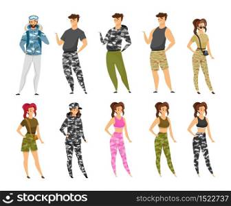 Expeditioners flat vector illustrations set. Woman and man in camouflage uniform. Backpackers in khaki clothes. Explorers in military style fashion. Tourists isolated cartoon characters