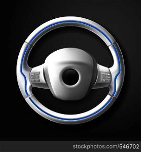 Expensive car rudder with buttons and leather braiding. Technological realistic helm, automobile part, smart white steering wheel of racing car. Vector illustration.. Expensive white car rudder with buttons and leather braiding