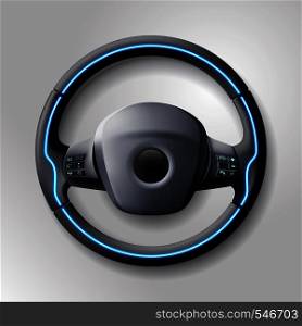Expensive car rudder with buttons and leather braiding. Technological realistic helm, automobile part, smart steering wheel of racing car. Vector illustration.. Expensive black car rudder with buttons and leather braiding