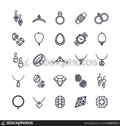 Expensive gold jewelry with diamond vector line icons and wedding accessories symbols. Expensive fashion diamond and gem illustration. Expensive gold jewelry with diamond vector line icons and wedding accessories symbols