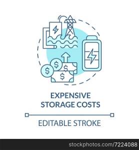 Expensive storage costs blue concept icon. Renewable energy disadvantage abstract idea thin line illustration. Electricity and heat production. Vector isolated outline color drawing. Editable stroke. Expensive storage costs blue concept icon