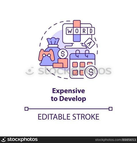 Expensive to develop concept icon. Gamification challenges in e learning abstract idea thin line illustration. Isolated outline drawing. Editable stroke. Arial, Myriad Pro-Bold fonts used. Expensive to develop concept icon