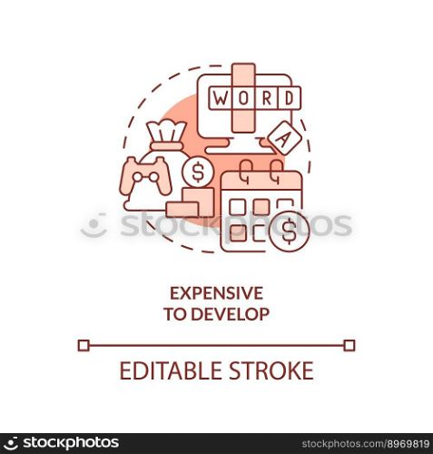 Expensive to develop terracotta concept icon. Gamification challenges in e learning abstract idea thin line illustration. Isolated outline drawing. Editable stroke. Arial, Myriad Pro-Bold fonts used. Expensive to develop terracotta concept icon
