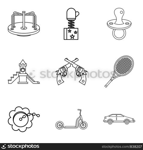 Expensive toy icons set. Outline set of 9 expensive toy vector icons for web isolated on white background. Expensive toy icons set, outline style