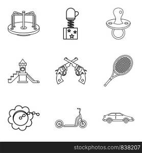 Expensive toy icons set. Outline set of 9 expensive toy vector icons for web isolated on white background. Expensive toy icons set, outline style