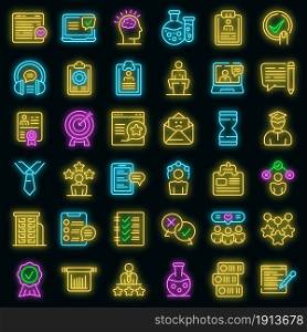 Experience icons set. Outline set of experience vector icons neon color on black. Experience icons set vector neon