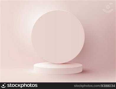 Experience sophistication with our elegant showcase podium, 3D product display mockup white podium and circle backdrop on soft pink background. Minimalist style. Vector illustration