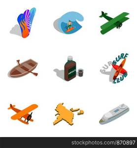 Experience trip icons set. Isometric set of 9 experience trip vector icons for web isolated on white background. Experience trip icons set, isometric style