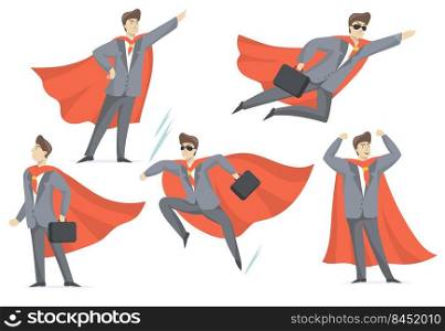 Experienced businessman in superhero costume flat set for web design. Cartoon super boss in suit in various poses isolated vector illustration collection. Business and management concept