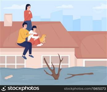Experiencing heavy rain consequences flat color vector illustration. Flood risk. Couple with teenager stucking on rooftop during flooding 2D cartoon characters with damaged house on background. Experiencing heavy rain consequences flat color vector illustration