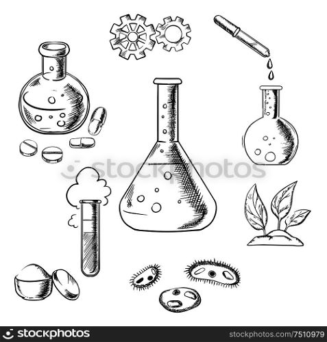 Experiment and scientific design with a cloud of vapor with gear wheels above a conical flask with additional glassware for pharmaceutical, chemical, botanical and medical research. Sketch vector. Experiment and scientific sketch icons