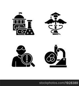 Experimental medicine black glyph icons set on white space. Government funding. Medical school. Studying risk factors. Testing new medications. Silhouette symbols. Vector isolated illustration. Experimental medicine black glyph icons set on white space