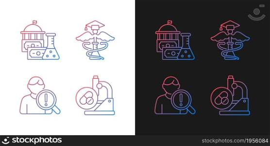 Experimental medicine gradient icons set for dark and light mode. Government funding. Thin line contour symbols bundle. Isolated vector outline illustrations collection on black and white. Experimental medicine gradient icons set for dark and light mode