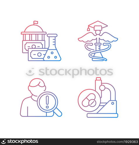Experimental medicine gradient linear vector icons set. Government funding. Medical school. Studying risk factors. Thin line contour symbols bundle. Isolated outline illustrations collection. Experimental medicine gradient linear vector icons set