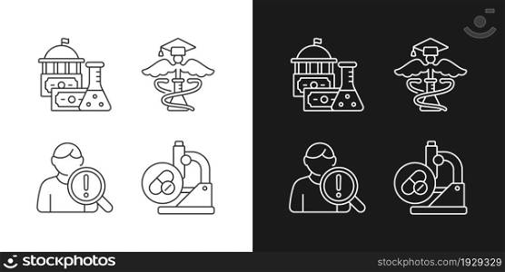 Experimental medicine linear icons set for dark and light mode. Government funding. Studying risk factors. Customizable thin line symbols. Isolated vector outline illustrations. Editable stroke. Experimental medicine linear icons set for dark and light mode