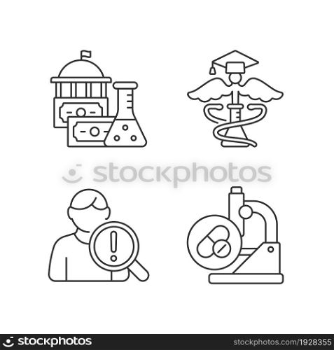 Experimental medicine linear icons set. Government funding. Medical school. Studying risk factors. Customizable thin line contour symbols. Isolated vector outline illustrations. Editable stroke. Experimental medicine linear icons set