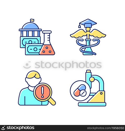 Experimental medicine RGB color icons set. Government funding. Medical school. Studying risk factors. Testing new medications. Isolated vector illustrations. Simple filled line drawings collection. Experimental medicine RGB color icons set