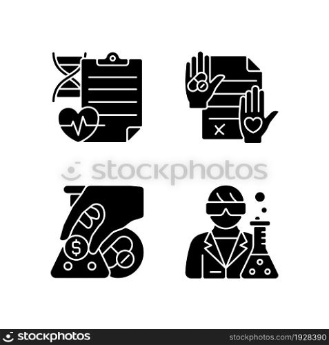 Experimental research black glyph icons set on white space. Measure clinical outcomes. Informed consent. Crowdfunding campaign. Medical researcher. Silhouette symbols. Vector isolated illustration. Experimental research black glyph icons set on white space