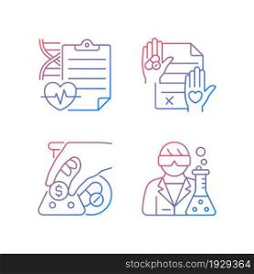 Experimental research gradient linear vector icons set. Measure clinical outcomes. Informed consent. Crowdfunding. Thin line contour symbols bundle. Isolated outline illustrations collection. Experimental research gradient linear vector icons set