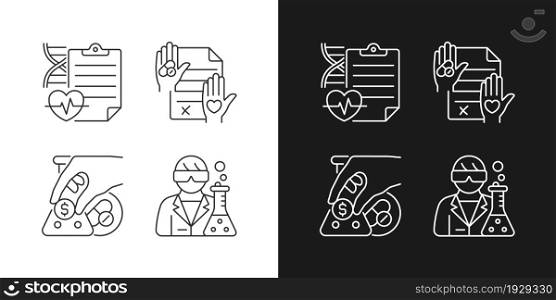Experimental research linear icons set for dark and light mode. Measure clinical outcomes. Informed consent. Customizable thin line symbols. Isolated vector outline illustrations. Editable stroke. Experimental research linear icons set for dark and light mode