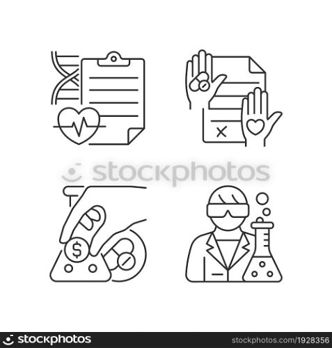 Experimental research linear icons set. Measure clinical outcomes. Informed consent. Crowdfunding. Customizable thin line contour symbols. Isolated vector outline illustrations. Editable stroke. Experimental research linear icons set