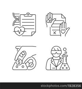 Experimental research linear icons set. Measure clinical outcomes. Informed consent. Crowdfunding. Customizable thin line contour symbols. Isolated vector outline illustrations. Editable stroke. Experimental research linear icons set