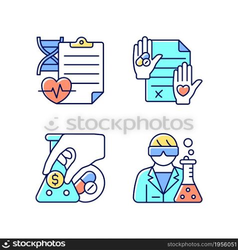 Experimental research RGB color icons set. Measure clinical outcomes. Informed consent. Crowdfunding campaign. Medical researcher. Isolated vector illustrations. Simple filled line drawings collection. Experimental research RGB color icons set